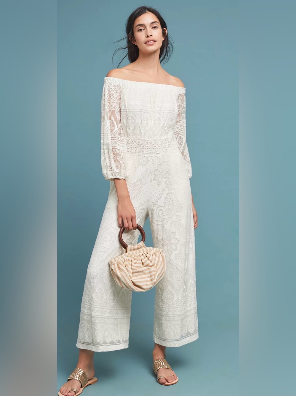 Anthropology x Farm Rio Lace Off-Shoulder Wide-Leg Jumpsuit - White XS